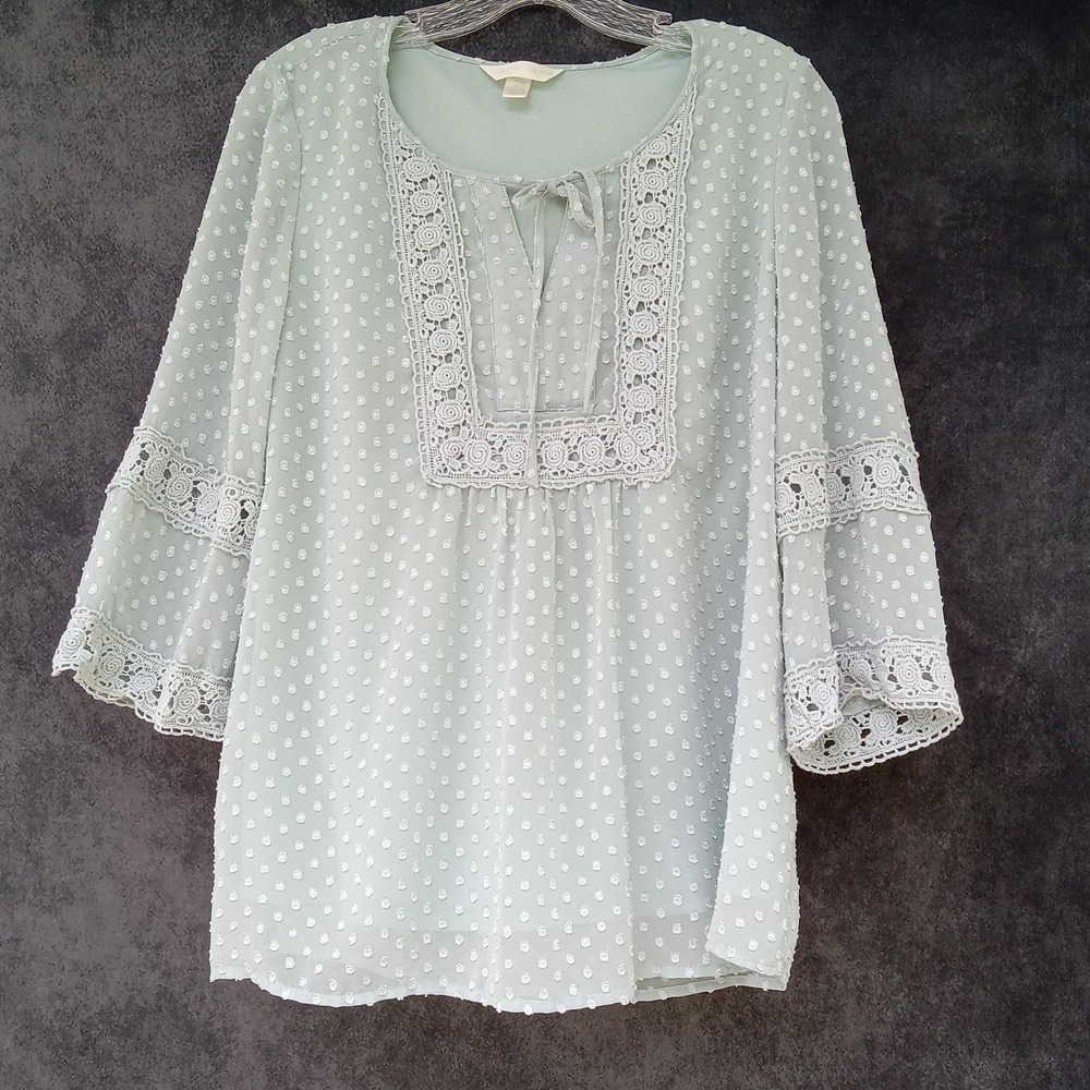 Womens Blouse Y2K Swiss Dot Lace Bell Sleeve Boho Cottagecore Whimsy Fairy Sz.S